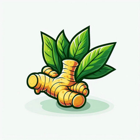 Ginger root and leaves. Vector illustration isolated on white background.のイラスト素材