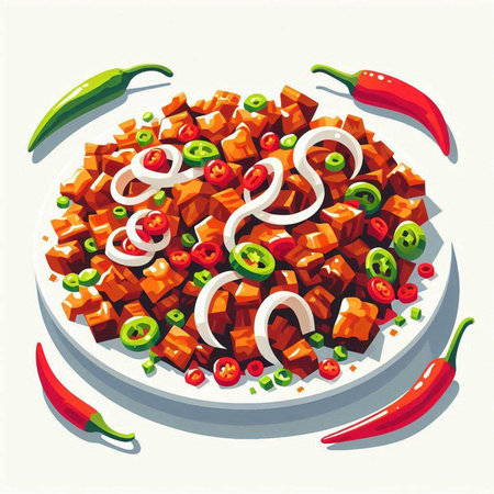 Mexican hot chili con carne on a plate. Vector illustrationのイラスト素材