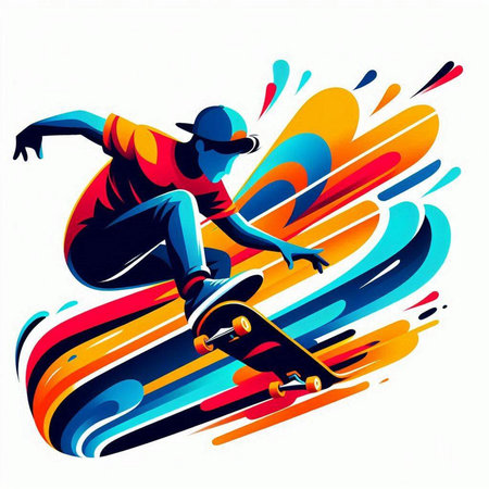 Skateboarder in action on colorful background. Vector illustration.のイラスト素材
