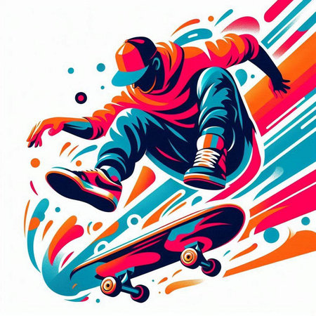 Skateboarder in action on colorful background, vector illustration.のイラスト素材