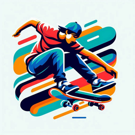 Vector illustration of a skateboarder in action, isolated on colorful background.のイラスト素材