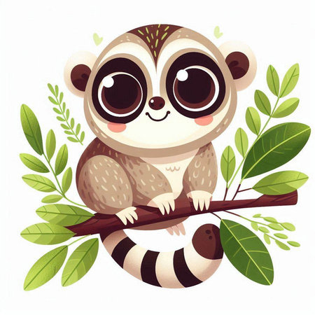 Cute cartoon lemur sitting on a branch. Vector illustration.のイラスト素材