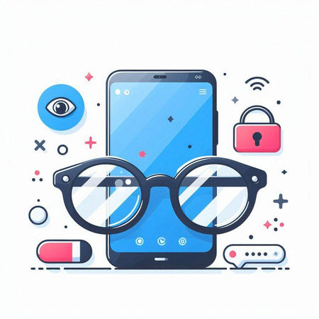 Smartphone with glasses and eye on white background. Vector illustration.のイラスト素材