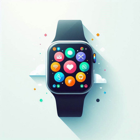 Smart watch with colorful application icons on the screen. 3d illustrationのイラスト素材