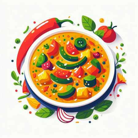 Illustration of a bowl of spicy soup with vegetables and fruits on a white backgroundのイラスト素材