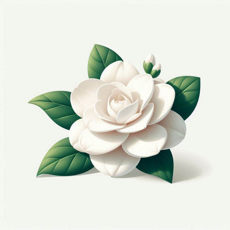 White camellia flower with green leaves isolated on white background.のイラスト素材