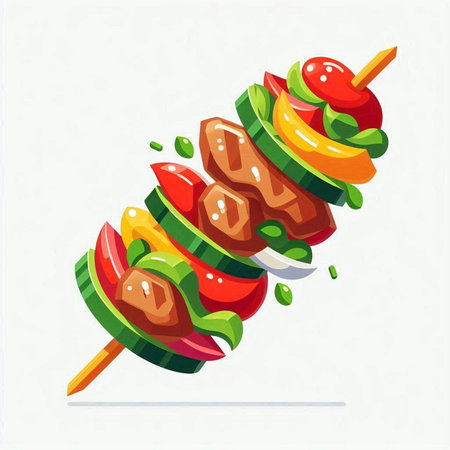 Skewers with meat and vegetables on a skewer. Vector illustration.のイラスト素材