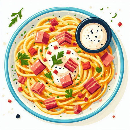 Spaghetti with bacon and cream sauce in bowl. Vector illustration.のイラスト素材