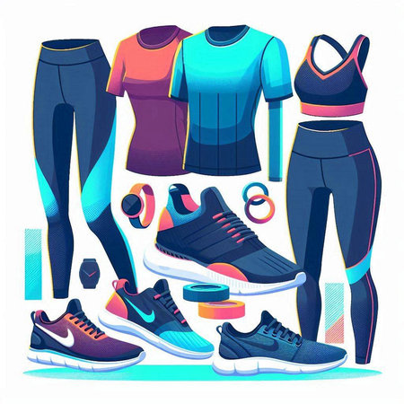 Fitness sport clothing set. Sneakers, shorts, top, sneakers. Vector illustrationのイラスト素材