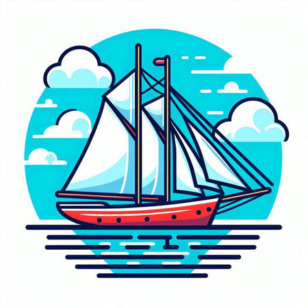 Sailing ship in the sea. Vector illustration in flat style.のイラスト素材