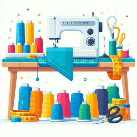Sewing machine and sewing accessories. Vector illustration in cartoon styleのイラスト素材