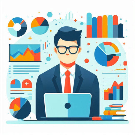 Flat design modern vector illustration concept of big data analysis, business analytics, statistics and analytic research. Businessman with laptop.のイラスト素材