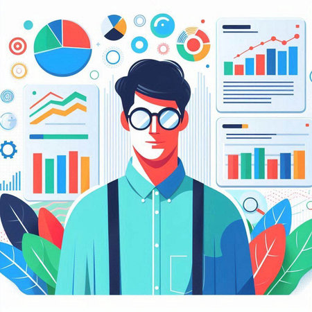 Vector illustration of a young man in glasses on the background of graphs and charts.のイラスト素材