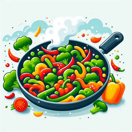 Frying pan with fresh vegetables. Vector illustration in cartoon style.のイラスト素材