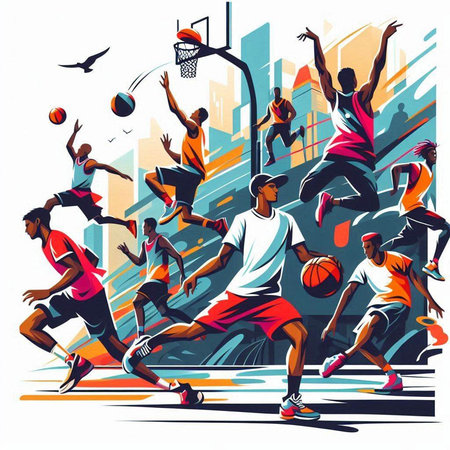 Basketball players in action on the basketball court. Vector illustration.のイラスト素材