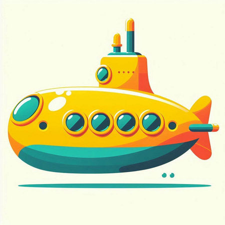 Cartoon submarine on a white background. Vector illustration of a yellow submarine.のイラスト素材