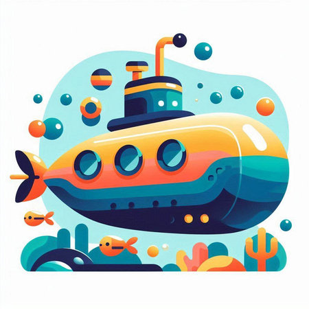 Cartoon submarine with fish and bubbles. Vector illustration in flat styleのイラスト素材