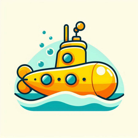 Cartoon submarine icon. Vector illustration of a yellow submarine in the sea.のイラスト素材