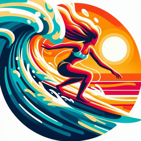 Illustration of a female surfer on a surfboard at sunsetのイラスト素材