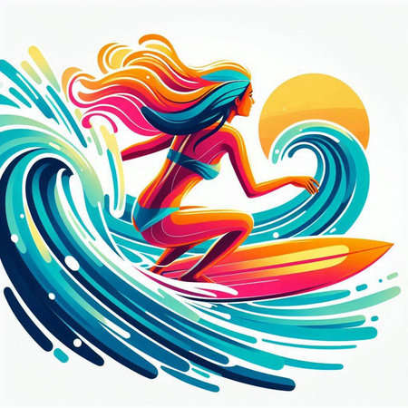 Surfer girl with surfboard on the wave. Vector illustration.のイラスト素材