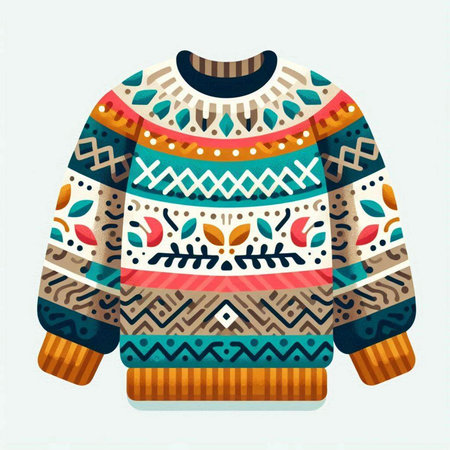 Vector illustration of a warm knitted sweater with a pattern in the style of folk art.のイラスト素材