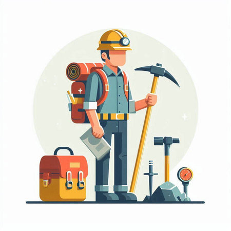 Miner with a pickaxe and tools. Vector flat illustration.のイラスト素材