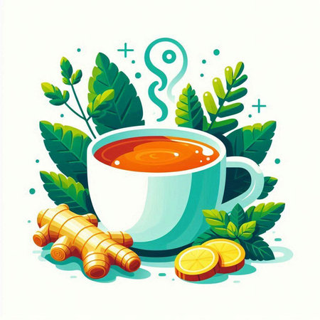 Cup of tea with ginger and turmeric leaves. Vector illustration.のイラスト素材