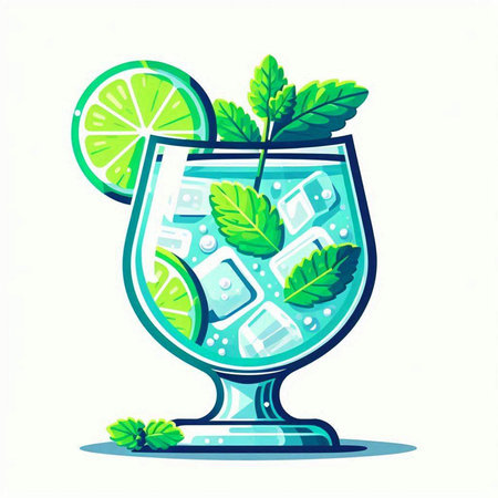 Mojito cocktail with lime, mint and ice. Vector illustrationのイラスト素材