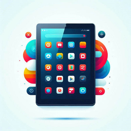 Smartphone with application icons on colorful abstract background. Vector illustration.のイラスト素材