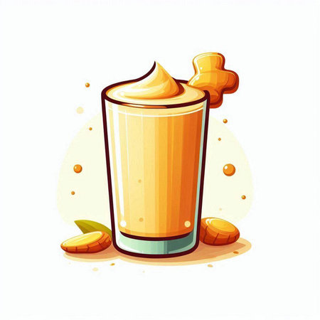 Vector illustration of a glass of mango smoothie with ice cubes and ginger.のイラスト素材