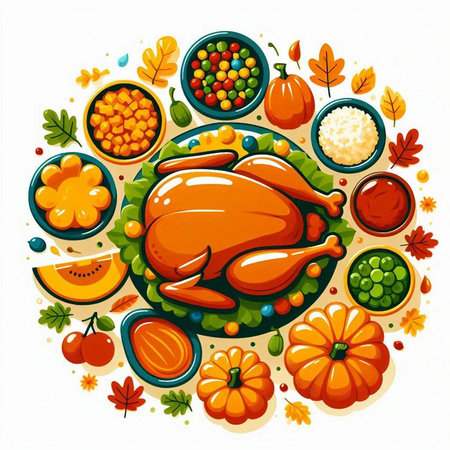 Thanksgiving dinner with roasted turkey and vegetables on white background. Vector illustration.のイラスト素材