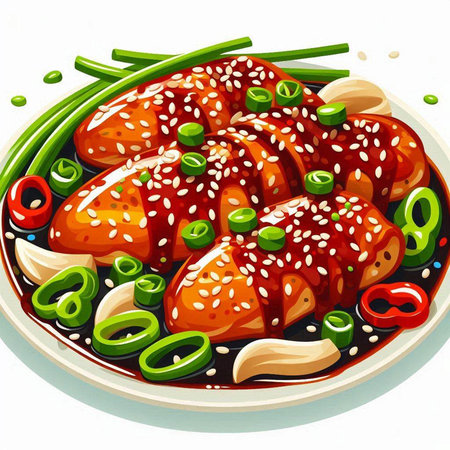 Illustration of grilled chicken with green onion and sesame seeds on plateのイラスト素材