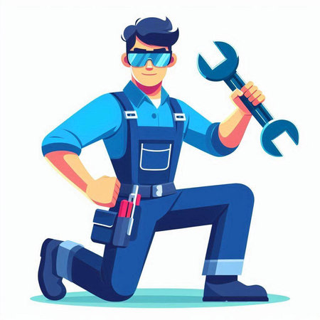 Repairman in uniform with wrench. Mechanic in overalls with tools. Vector illustrationのイラスト素材