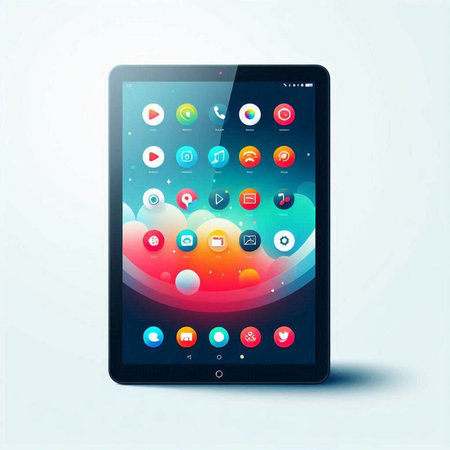Tablet pc with colorful application icons on the screen. Vector illustration.のイラスト素材