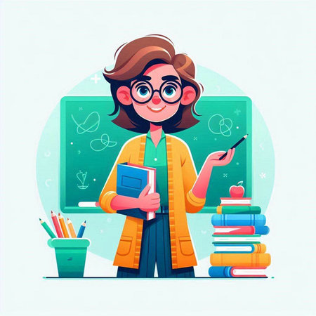 Vector illustration of schoolgirl in glasses with books and pencils.のイラスト素材
