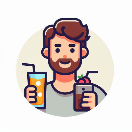 Man with a beard drinks juice. Vector illustration in a flat style.のイラスト素材