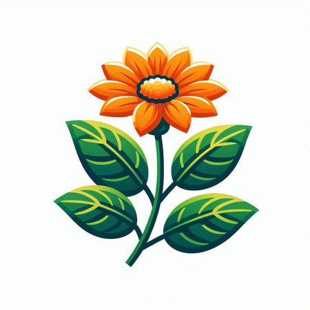 Orange flower with green leaves isolated on white background. Vector illustration.のイラスト素材