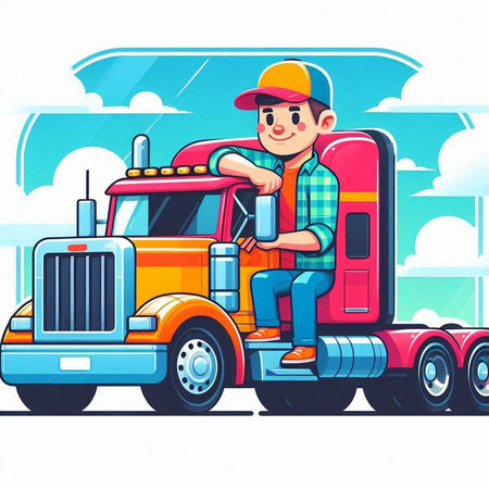 Vector illustration of a cartoon delivery man in a cap sitting on a truckのイラスト素材