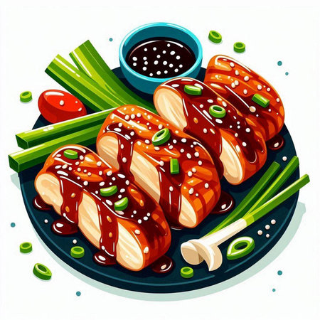 Illustration of a sushi roll on a plate with soy sauce and spring onionsのイラスト素材