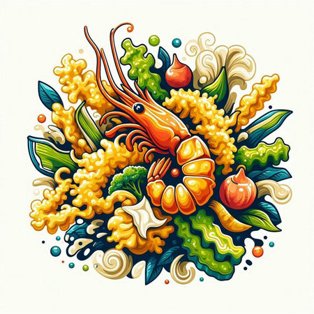 Illustration of fresh seafood and vegetables in the form of a circleのイラスト素材