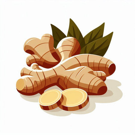 Ginger root and leaves isolated on white background. Vector illustration.のイラスト素材