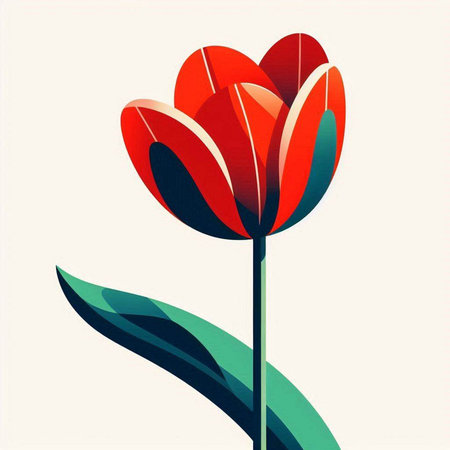 Red tulip with green leaves on a light background. Vector illustration.のイラスト素材