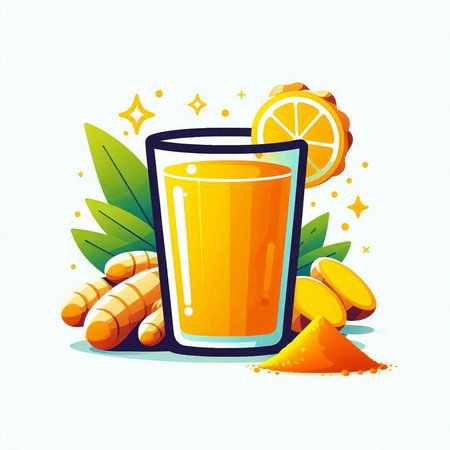 Turmeric juice in a glass with turmeric powder. Vector illustration.のイラスト素材