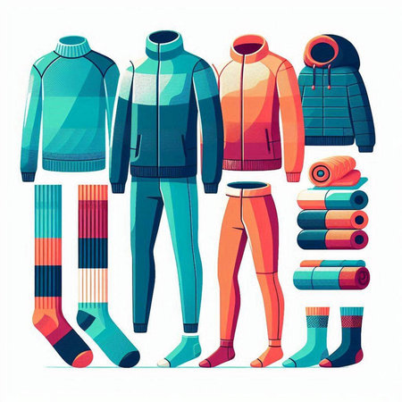 Set of winter clothing, warm clothes and accessories. Vector illustration.