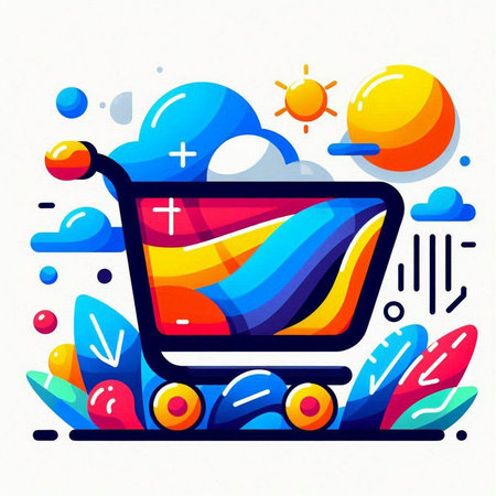 Vector illustration of shopping cart with colorful abstract background in flat style.のイラスト素材