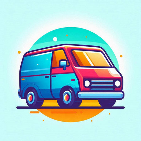 Colorful vector illustration of a retro van on a blue background.のイラスト素材
