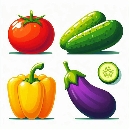 Vegetables set. Tomato, pepper, eggplant, cucumber, tomato. Vector illustrationのイラスト素材