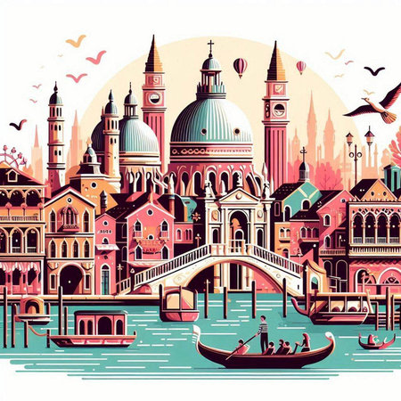 Venice vector illustration with gondolas and old buildings in Italyのイラスト素材
