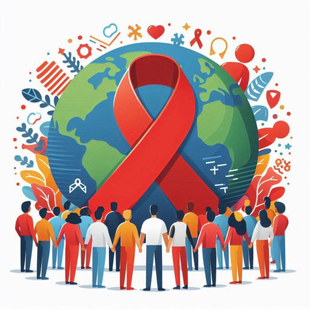 World AIDS Day concept. Group of people with red ribbon. Vector illustration.のイラスト素材