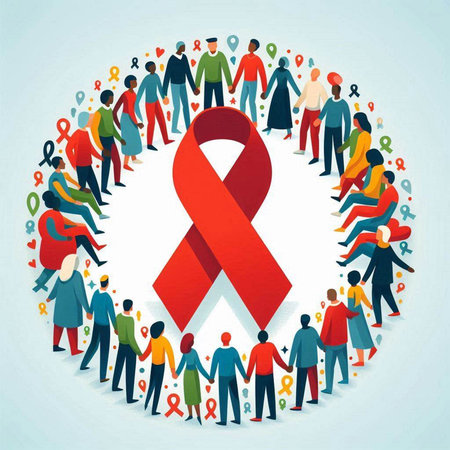 World Aids Day background with people and red ribbon. Vector illustration.のイラスト素材
